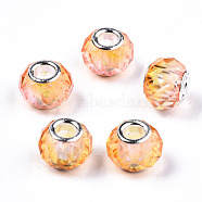 Baking Painted Glass European Beads, Large Hole Rondelle Beads, with Platinum Tone Brass Double Cores, Two Tone, Faceted, Light Salmon, 14x10.5mm, Hole: 5mm(DGLA-N033-05A-A02)