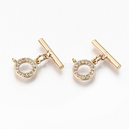 Brass Micro Clear Cubic Zirconia Toggle Clasps, with Jump Rings, Nickel Free, Ring, Real 18K Gold Plated, 17mm, Bar: 4x15x2mm, Hole: 1.2mm, Ring: 10.5x8x1.5mm, Hole: 0.9mm, Jump Ring: 5x1mm, 3mm inner diameter(KK-N231-215-NF)