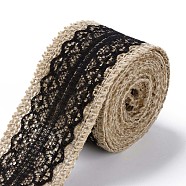 Burlap Ribbon, Hessian Ribbon, Jute Ribbon, with Lace, for Jewelry Making, Black, 1-1/2 inch(38mm), about 2m/roll, 24rolls/bag(OCOR-S126-01)