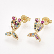 Brass Micro Pave Cubic Zirconia Stud Earrings, with Ear Nuts/Earring Back, Fish, Colorful, Golden, 12x8mm, Pin: 1mm(ZIRC-T006-78G)