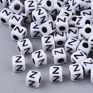 White Opaque Acrylic Beads, Horizontal Hole, Cube with Black Alphabet, Letter.Z, 4~5x4~5x4~5mm, Hole: 1.8mm, about 255~260pcs/20g(X-MACR-R869-02Z)