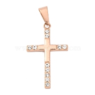 304 Stainless Steel Pendants, Cross Charm, with Rhinestone, PVD Vacuum Plating, Rose Gold, 37.5x22x2.5mm, Hole: 9x4.5mm(STAS-G346-32RG)