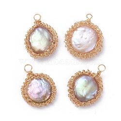 Natural Baroque Pearl Keshi Pearl Pendants, Cultured Freshwater Pearl, with Eco-Friendly Copper Wire, Flat Round, Golden, Lilac, 18~22x13~18x5~6mm, Hole: 1.5~2mm(X-PALLOY-JF00421-02)