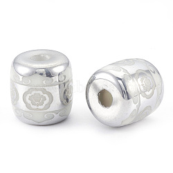 Electroplate Glass Beads, Barrel with Flower Pattern, Platinum Plated, 12x11.5mm, Hole: 3mm, 100pcs/bag(EGLA-T009-03F)