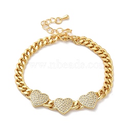 Brass Micro Pave Clear Cubic Zirconia Triple Heart Cuban Link Chains Bracelets for Women, Real 16K Gold Plated, 7 inch(17.7cm), Single Heart: 11.5x11.5x2.5mm(BJEW-M322-05G-B)