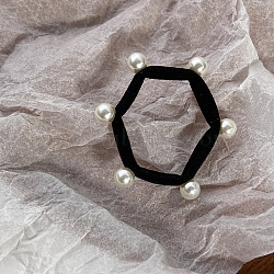 Hexagon Cloth Elastic Hair Accessories, Plastic Imitation Pearl Bead Hair Ties, for Girls or Women, Black, 50mm(OHAR-PW0007-52A)