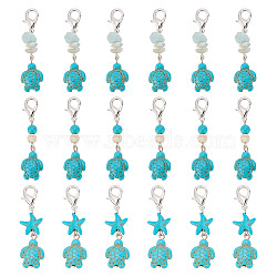 Synthetic Turquoise Tortoise Pendant Decorations, with Natural Flower Amazonite Chips Beads and Zinc Alloy Lobster Claw Clasps, 52mm, 18pcs/set(HJEW-AB00540)