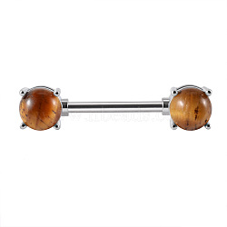 304 Stainless Steel Pave Natural Tiger Eye Half Round Nipple Barbells, Stainless Steel Color, 14mm, Pin: 1.6mm, Head: 6mm(WG71F42-05)