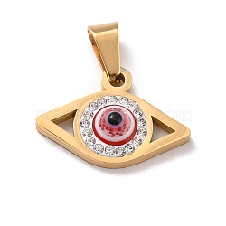 304 Stainless Steel Pendants, with Polymer Clay Rhinestone and Evil Eye Lampwork Round Beads, 201 Stainless Steel Bails, Eye, Red, 13.5x19.5x4.5mm, Hole: 3.5x7mm(STAS-F277-08B-G)