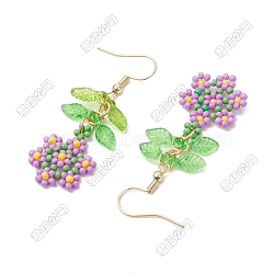 Handmade Glass Seed Beads Flower Dangle Earrings, Golden, Lilac, 52.5x17mm(EJEW-FS00092)