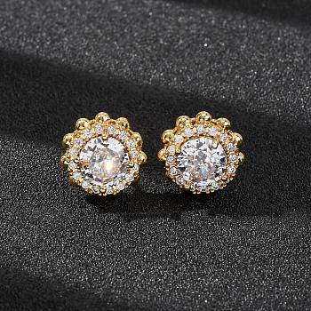 Brass Micro Pave Cubic Zirconia Stud Earrings for Women, Sunflower, Golden, 14mm