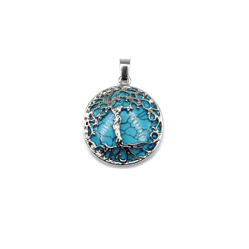 Synthetic Turquoise Pendants, Tree of Life Charms with Platinum Plated Alloy Findings, 31x27mm