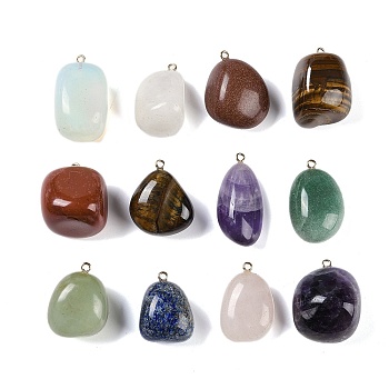 Natural & Synthetic Mixed Gemstone Nuggets Pendants, Tumbled Stone Charms with Golden Tone Metal Loops, 28~38x18~26x13~37mm, Hole: 2mm