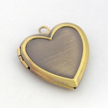 Brushed Brass Photo Locket Pendant Cabochon Settings, Heart, Antique Bronze, Tray: 15x18mm, 25x23x5mm, Hole: 2mm, Inner Measure: 12.5x16mm