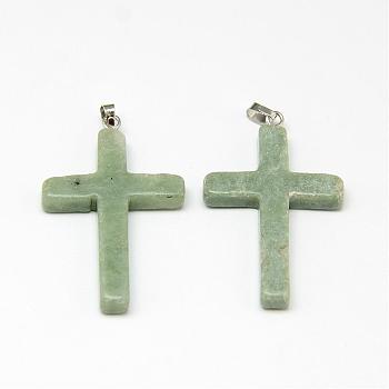 Natural Jade Gemstone Pendants, with Brass Findings, Cross, 38~40x25~26x5~6mm, Hole: 5x2mm
