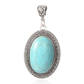 Synthetic Turquoise Big Pendants, with Tibetan Style Alloy Findings, Oval, 59.5mm, Hole: 5.5x7.5mm