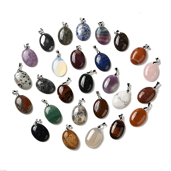 Natural & Synthetic Mixed Gemstone Pendants, Oval Charms with Rack Plating Platinum Plated Brass Snap on Bails, Mixed Dyed and Undyed, 30x21.5~22x6~6.5mm, Hole: 6x4mm