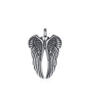 Openable Stainless Steel Memorial Urn Ashes Pendants, Wing, Antique Silver, 40x27mm