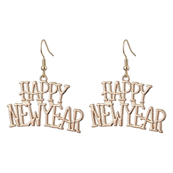 Word Happy New Year Alloy Dangle Earrings for Women, Golden, 45x39.5mm