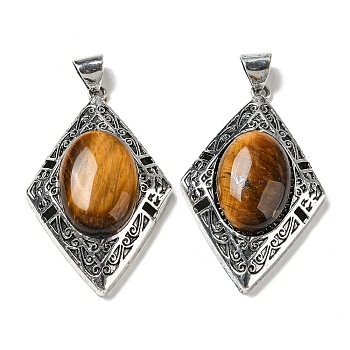 Natural Tiger Eye Big Pendants, Antique Silver Plated Alloy Rhombus Charms, 52x33.5x12mm, Hole: 7.5x5.5mm