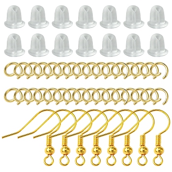 60Pcs Brass Earring Hooks, with 60Pcs 304 Stainless Steel Open Jump Rings & 60Pcs Plastic Ear Nuts, Golden, 4~19x4~18x0.7~4mm, hole: 1~2mm