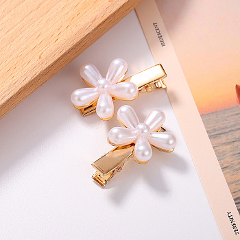 Single Flower Resin Imitation Pearl Alligator Hair Clips, with Iron Clip, Hair Accessories for Girls Women, Ghost White, 32x20mm