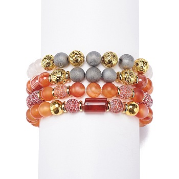 4Pcs 4 Style Mixed Natural Agate Beaded Stretch Bracelets Set, Gemstone Jewelry for Women, Mixed Color, Inner Diameter: 2-1/8~2-1/4 inch(5.3~5.8cm), 1Pc/style