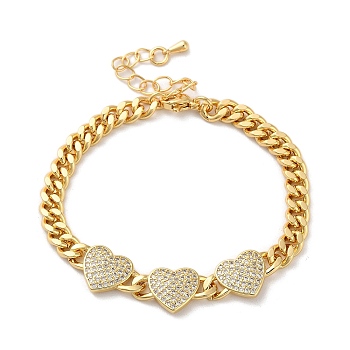 Brass Micro Pave Clear Cubic Zirconia Triple Heart Cuban Link Chains Bracelets for Women, Real 16K Gold Plated, 7 inch(17.7cm), Single Heart: 11.5x11.5x2.5mm