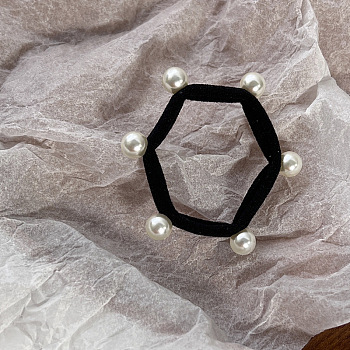 Hexagon Cloth Elastic Hair Accessories, Plastic Imitation Pearl Bead Hair Ties, for Girls or Women, Black, 50mm