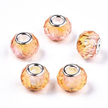 Baking Painted Glass European Beads, Large Hole Rondelle Beads, with Platinum Tone Brass Double Cores, Two Tone, Faceted, Light Salmon, 14x10.5mm, Hole: 5mm