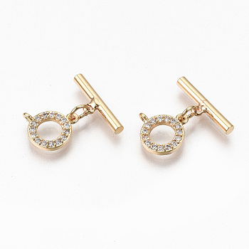 Brass Micro Clear Cubic Zirconia Toggle Clasps, with Jump Rings, Nickel Free, Ring, Real 18K Gold Plated, 17mm, Bar: 4x15x2mm, Hole: 1.2mm, Ring: 10.5x8x1.5mm, Hole: 0.9mm, Jump Ring: 5x1mm, 3mm inner diameter