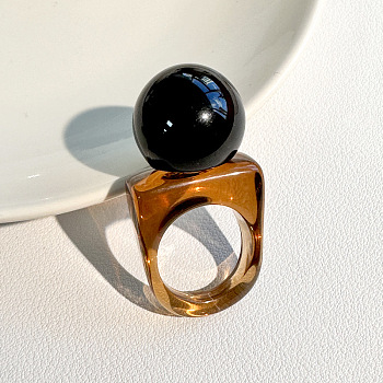 Resin Round Bead Finger Rings, Black, 18mm