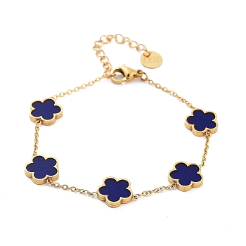 Flower Resin Link Chain Bracelets, Golden Tone 304 Stainless Steel Cable Chain Bracelets for Women, Blue, 6-1/4~6-3/8 inch(15.9~16.3cm)