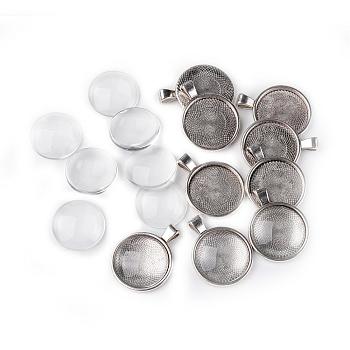 25mm Transparent Clear Domed Glass Cabochon Cover for Alloy Photo Pendant Making, Antique Silver, Pendants: 36x28x3mm, Hole: 4mm, Glass: 25x7.4mm
