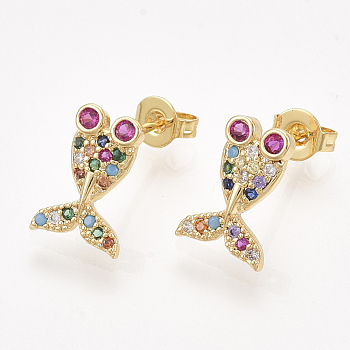 Brass Micro Pave Cubic Zirconia Stud Earrings, with Ear Nuts/Earring Back, Fish, Colorful, Golden, 12x8mm, Pin: 1mm