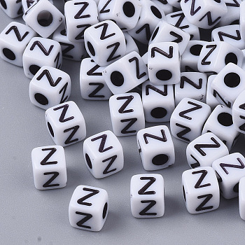 White Opaque Acrylic Beads, Horizontal Hole, Cube with Black Alphabet, Letter.Z, 4~5x4~5x4~5mm, Hole: 1.8mm, about 255~260pcs/20g
