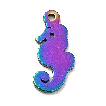 Ion Plating(IP) 201 Stainless Steel Pendants, Sea Horse Charms, Rainbow Color, 15x7x1mm, Hole: 1.2mm