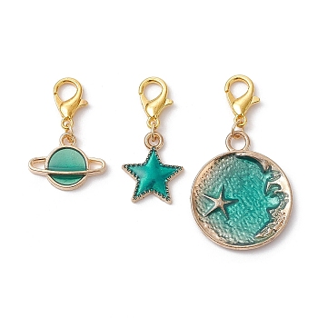 Planet/Star/Flat Round Alloy Enamel Pendant Decorations, with Alloy Lobster Claw Clasps, Golden, 24~37mm, 3pcs/set