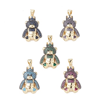 Brass Micro Pave Cubic Zirconia Pendants, Real 16K Gold Plated, Bear Charms, Mixed Color, 28x18x5mm, Hole: 5x3mm.