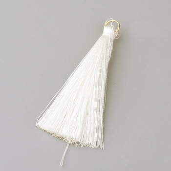 Nylon Thread Tassel Big Pendants Decoration, with Brass Findings, Golden, Creamy White, 63~66x7mm, Hole: 7mm