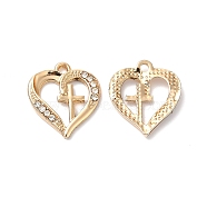 Rack Plating Alloy Crystal Rhinestone Pendants, Heart with Cross Charms, Golden, 20x17.5x2.5mm, Hole: 1.5mm(RB-L036-VF932-2)