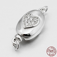 Oval with Heart Rhodium Plated 925 Sterling Silver Cubic Zirconia Box Clasps, Platinum, 17x8x6mm, Hole: 2mm(STER-O015-01)
