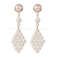 Shell Pearl & Plastic Braided Rhombus Dangle Stud Earrings, Golden Brass Wire Wrap Long Drop Earrings for Women, White, 55mm, Pin: 0.7mm(EJEW-TA00166)