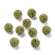 Pave Disco Ball Beads, Polymer Clay Rhinestone Beads, Round, Olivine, PP13(1.9~2mm), 6 Rows Rhinestone, 10mm, Hole: 1.5mm(RB-A130-10mm-2)