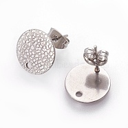 304 Stainless Steel Ear Stud Findings, with Ear Nuts/Earring Backs and Hole, Textured Flat Round with Spot Lines, Stainless Steel Color, 12mm, Hole: 1.2mm, Pin: 0.8mm(STAS-O119-15C-P)
