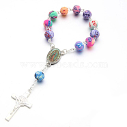 Rosary Bracelet for Easter, Alloy Crucifix Cross Charm Bracelet with Polymer Clay Beaded Chains for Women, Silver, 5-1/2 inch(14cm)(RELI-PW0001-040A-S)