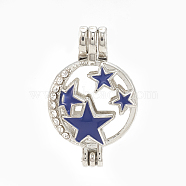 Alloy Locket Pendants, Diffuser Locket, with Rhinestone and Enamel, Hollow, Flat Round with Star, Crystal, Blue, Platinum, 28x18x9.5mm, Hole: 3.5x2.5mm, Inner Measure: 16mm(PALLOY-S062-60P-A)