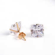 Square Cubic Zirconia Stud Earrings, with Golden Plated 304 Stainless Steel Pins, Clear, 6.5x6mm, Pin: 0.9mm(EJEW-H306-08G-6mm)