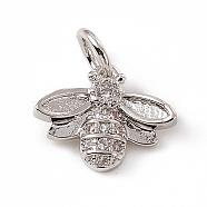 Brass Micro Pave Cubic Zirconia Charms, with Jump Ring, Bees Charm, Platinum, 10x12x2.5mm, Hole: 3mm(ZIRC-F132-40P)
