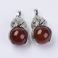 Natural Carnelian Pendants, with Platinum Tone Brass Findings, Owl with Round Ball, 31x18.5x16mm, Hole: 5x8mm(G-P350-A04)